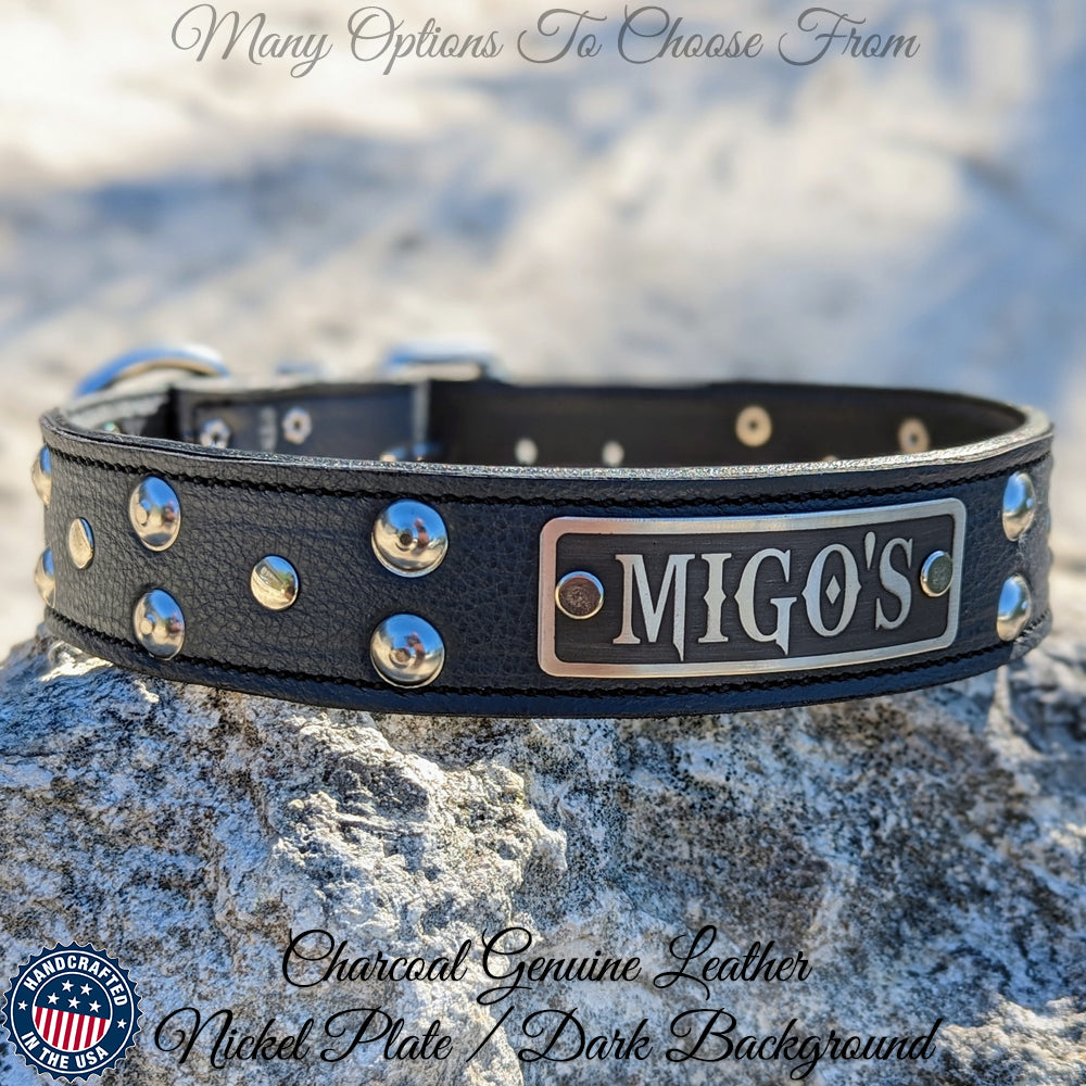 N10 - 1.5" Wide Leather Dog Collar Personalized Name Plate Studded