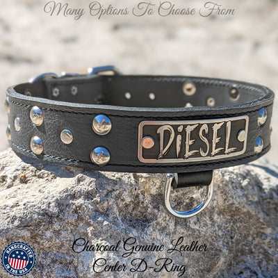 Leather Dog Collar Personalized Name Plate Studded 1.5" Wide - N10