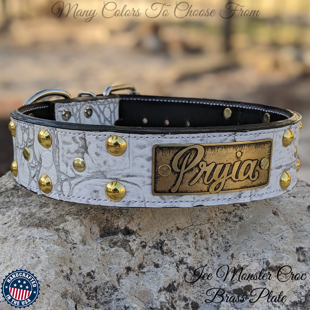 N12 - 2" Wide Leather Studded Dog Collar with Name Plate