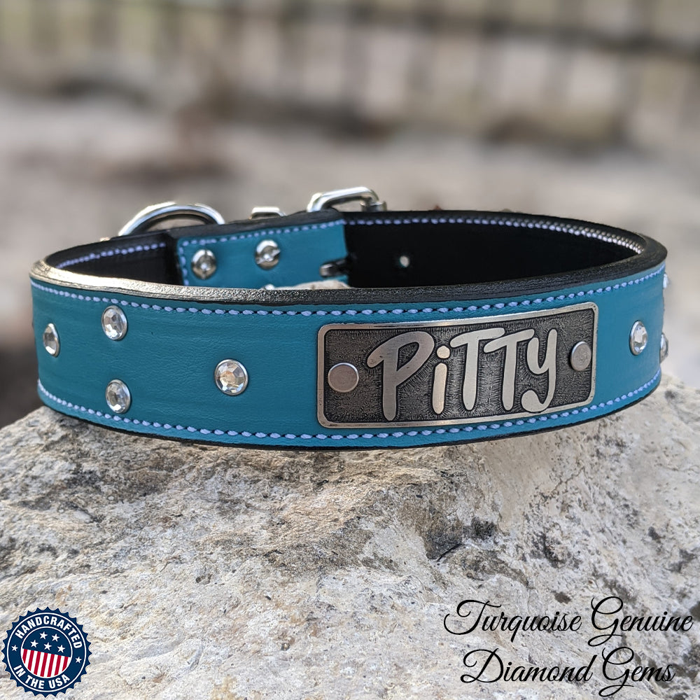 N11 - Collar de cuero para perros de 1,5" de ancho con placa de identificación y gemas