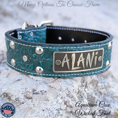 Leather Dog Collar, Personalized Name Plate Studded 2" Wide - N12