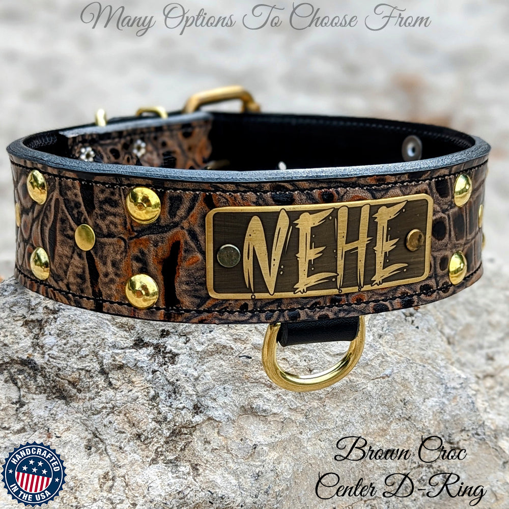 N12 - 2" Wide Leather Studded Dog Collar with Name Plate