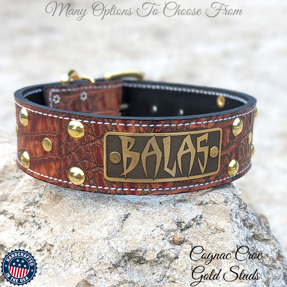 N12 - 2" Wide Leather Studded Dog Collar with Name Plate