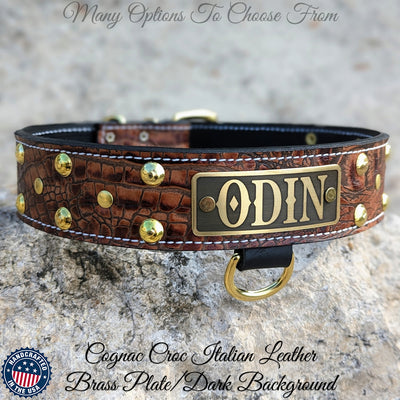 Leather Dog Collar, Personalized Name Plate Studded 2 Wide - N12