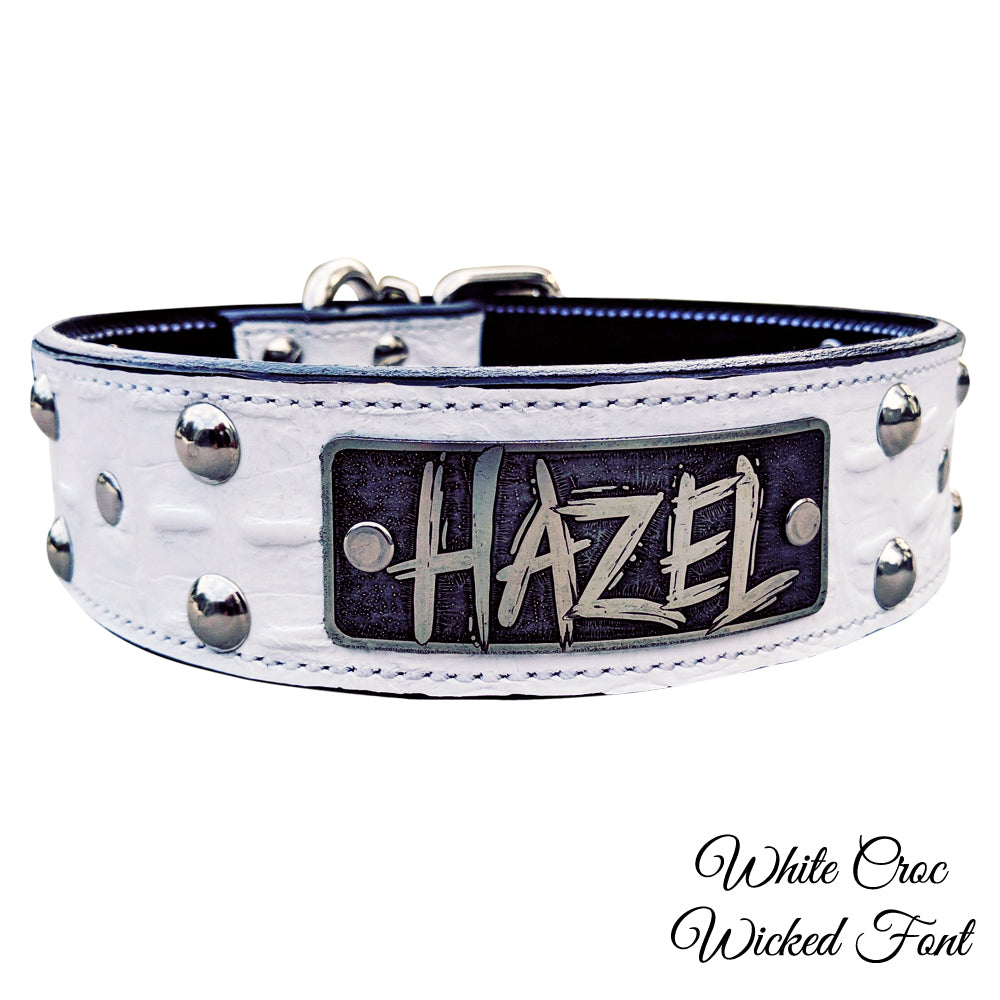 N12 - 2" Wide Leather Studded Dog Collar with Name Plate