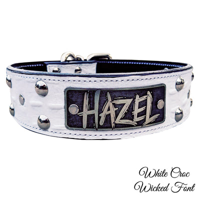 Leather Dog Collar, Personalized Name Plate Studded 2" Wide - N12