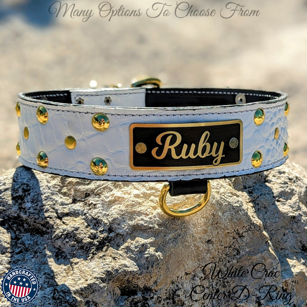 N12 - 2" Wide Leather Studded Dog Collar with Name Plate
