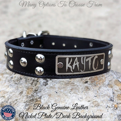 Leather Dog Collar, Personalized Name Dome Studded 1.5" Wide - N13