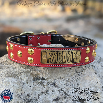 Leather Dog Collar, Personalized Name Dome Studded 1.5" Wide - N13