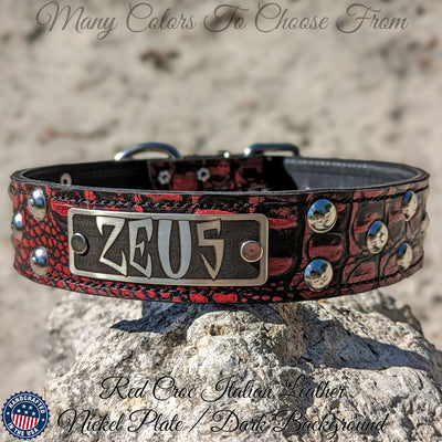 Leather Dog Collar, Personalized Name Dome Studded 1.5" Wide - N13