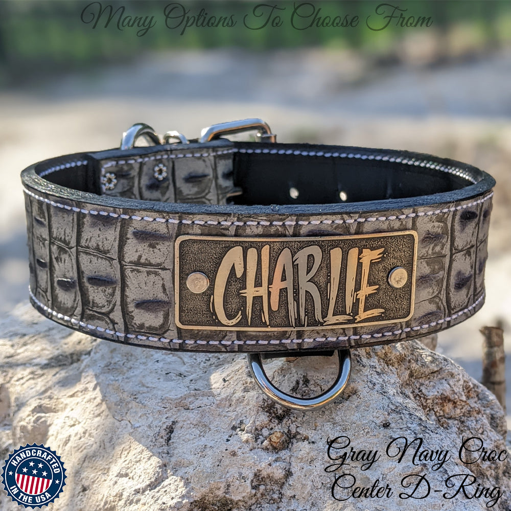 Leather Dog Collar, Personalized Name Plate Studded 2 Wide - N12