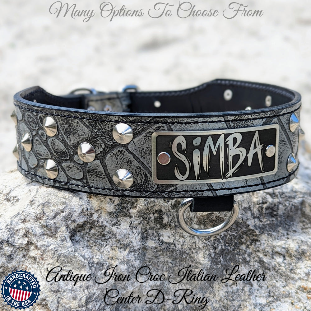 N5 - 2" Wide Tapered Leather Dog Collar Name Plate Studs