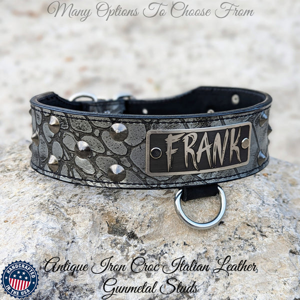 Leather Tapered Dog Collar Name Plate with Studs 2" Wide N5 Pit