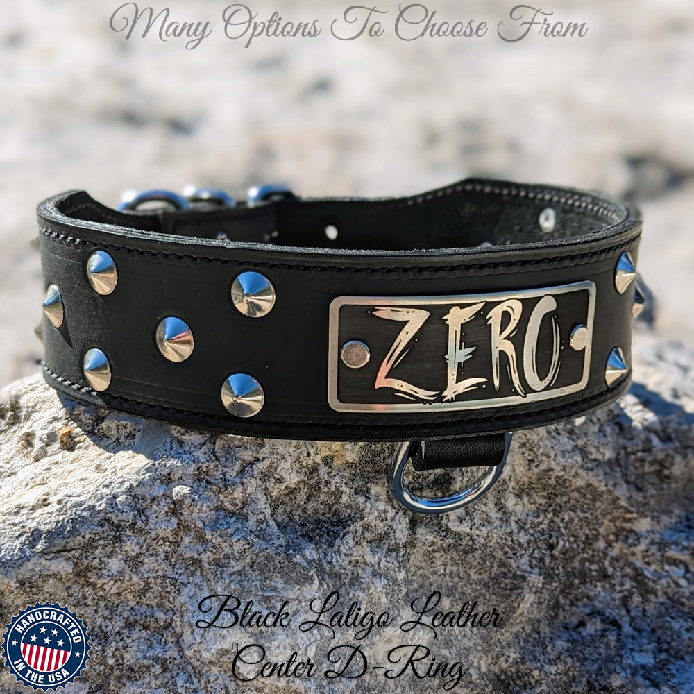 N5 - 2" Wide Tapered Leather Dog Collar Name Plate Studs