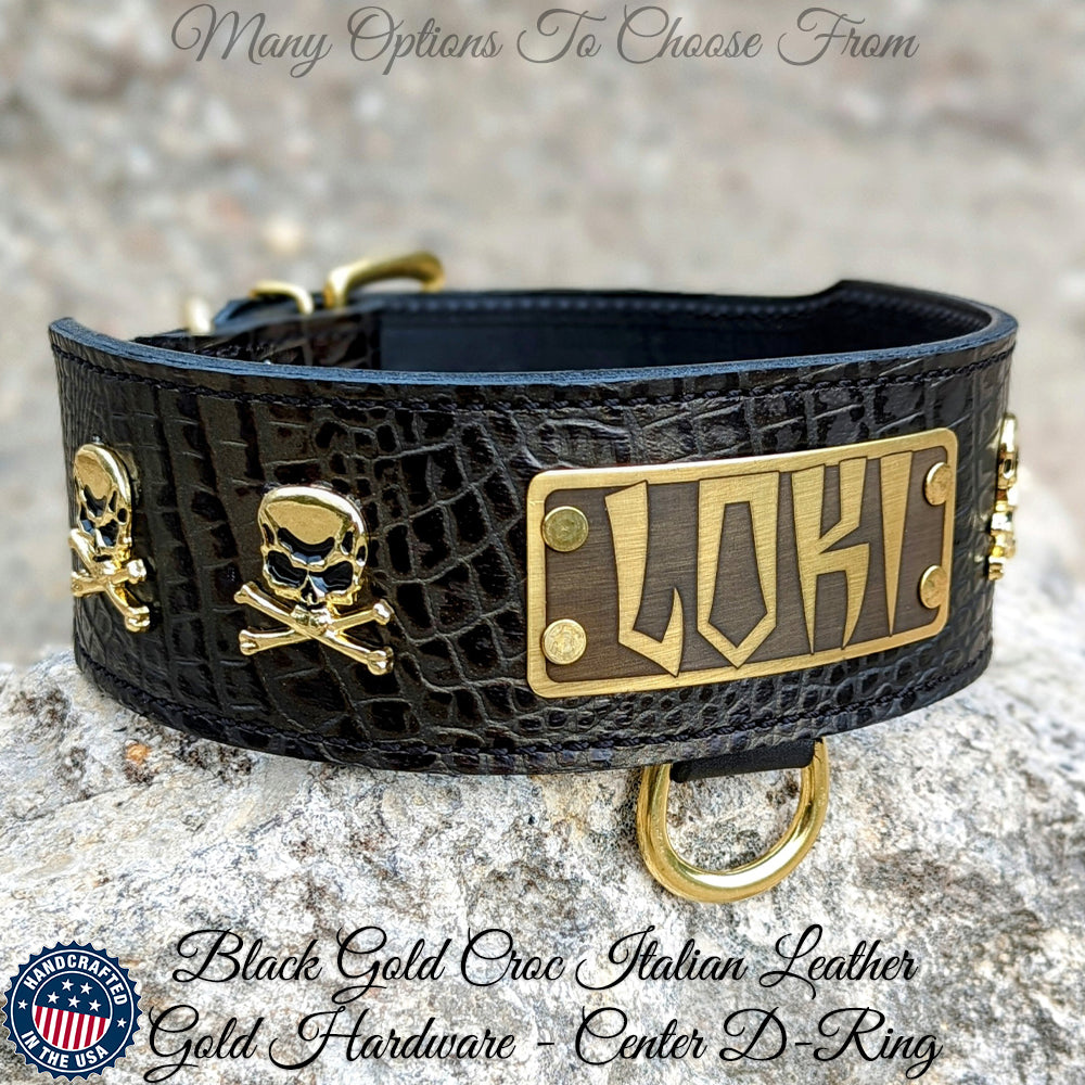 NJ13 - 2.5" Wide Personalized Leather Dog Collar with Skull & Crossbones