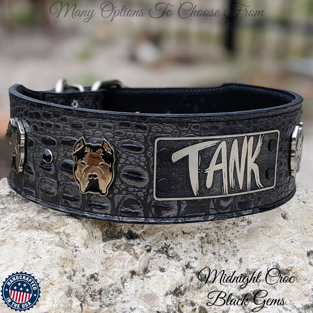 Personalized Studs & Gems Leather Dog Collar - 2 Wide - Pit Bull Gear