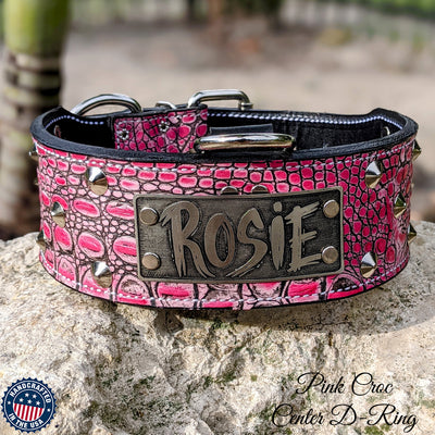 Leather Dog Collar, Personalized Name Plate Studded 2 Wide - N12