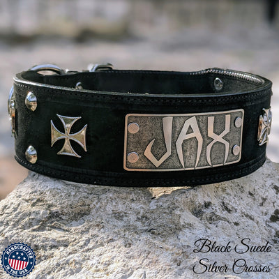 NJ7 - 2.5" Personalized Leather Dog Collar Iron Maltese Crosses Studs