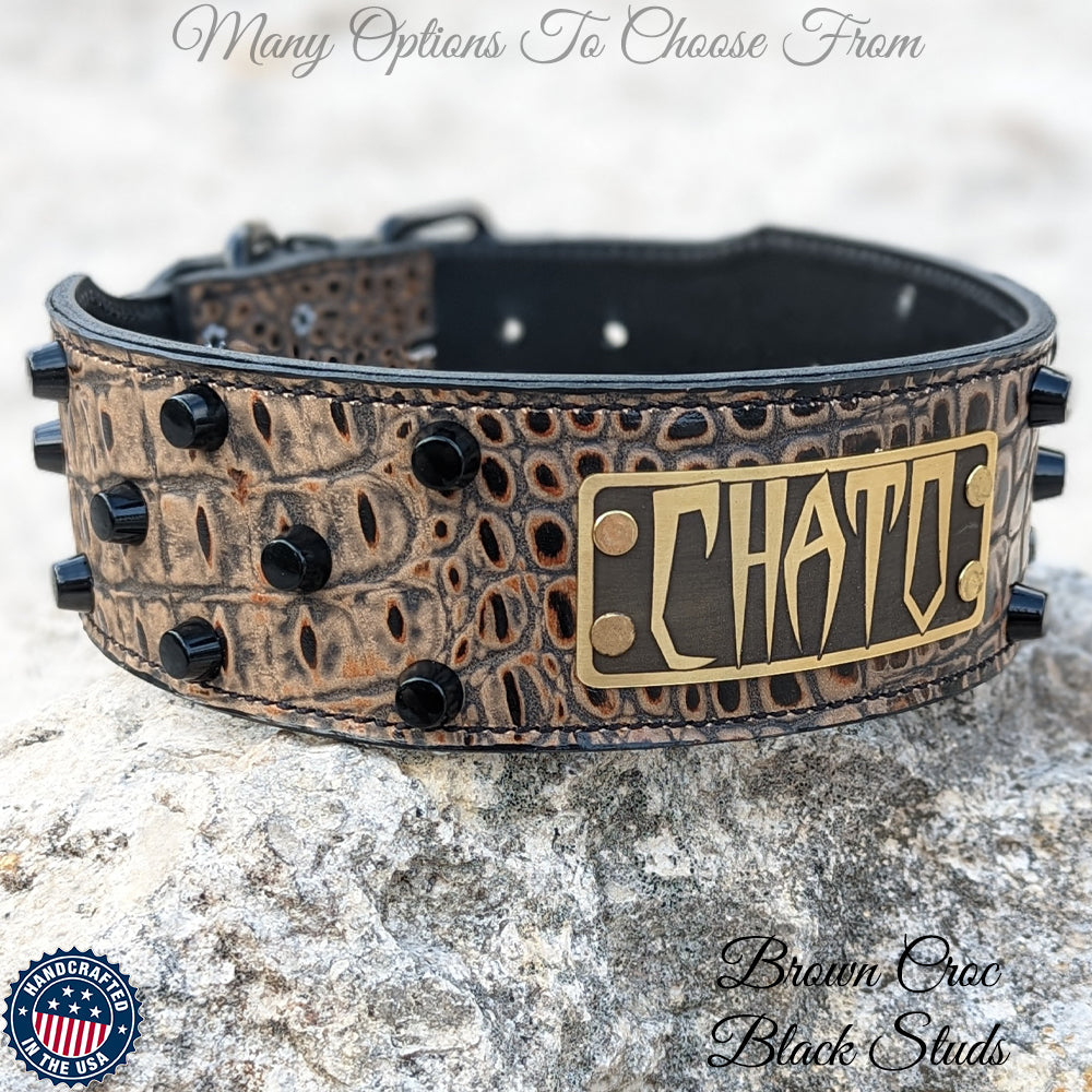 Collar de cuero para perros, collar personalizado con placa de identificación de 2,5" de ancho - NJ8