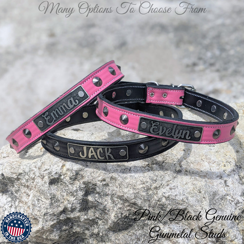 NU3 - Custom 1" Wide Personalized Italian Leather Dog Collar with Cone Studs & Engraved Name Plate