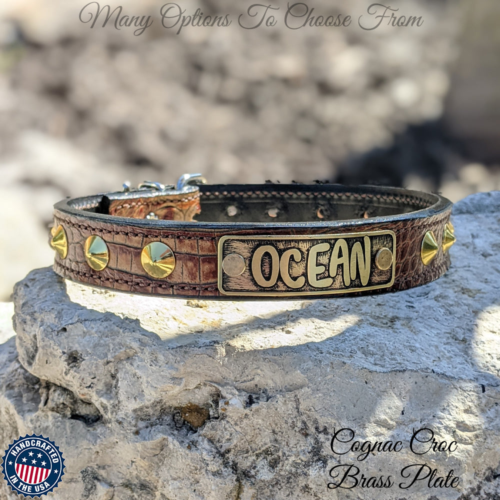 NU3 - Custom 1" Wide Personalized Italian Leather Dog Collar with Cone Studs & Engraved Name Plate