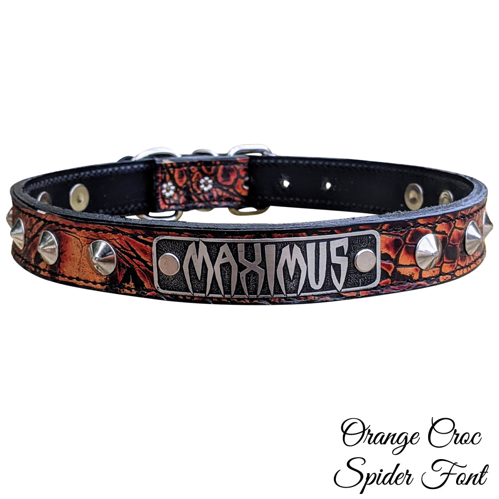 NU3 - Custom 1" Wide Personalized Italian Leather Dog Collar with Cone Studs & Engraved Name Plate