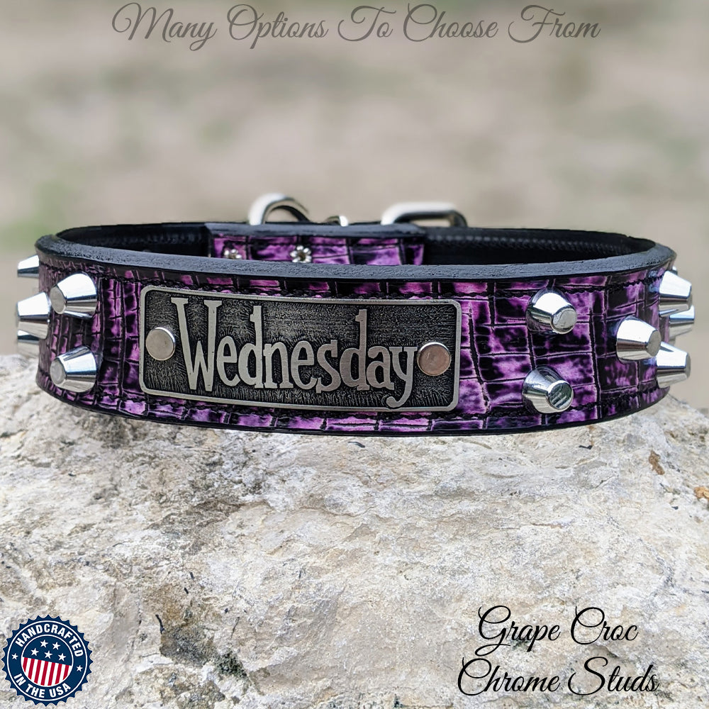 NV44 - Collar de cuero para perro de 1,5" de ancho con placa de identificación y tachuelas