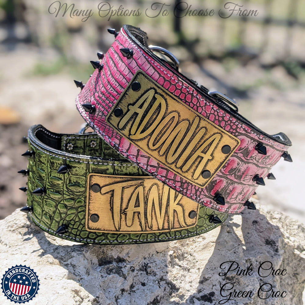 NX1 - Collar de cuero con pinchos y placa de identificación personalizada para perros - 3" de ancho