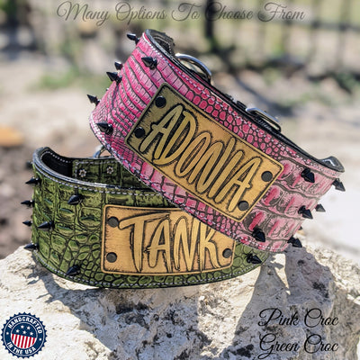 NX1 - Personalized Name Plate Spiked Leather Dog Collar - 3" Wide
