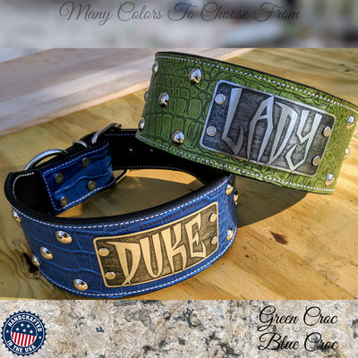 Leather Dog Collar, Name Plate Collar, Studded, 3" Wide Collar - NX3