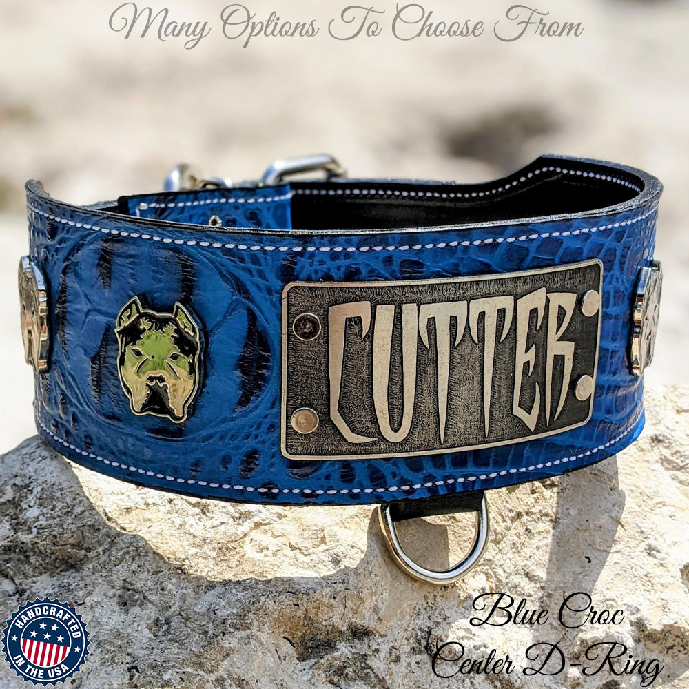 NX7 - 3" Wide Leather Dog Collar with Bully Conchos & Engraved Name Plate