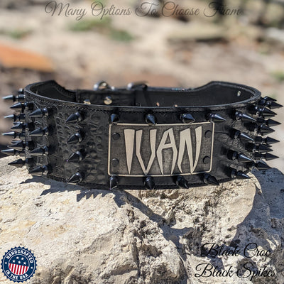 Spiked Leather Dog Collar Personalized Name Plate Collar 3" Wide - NX8
