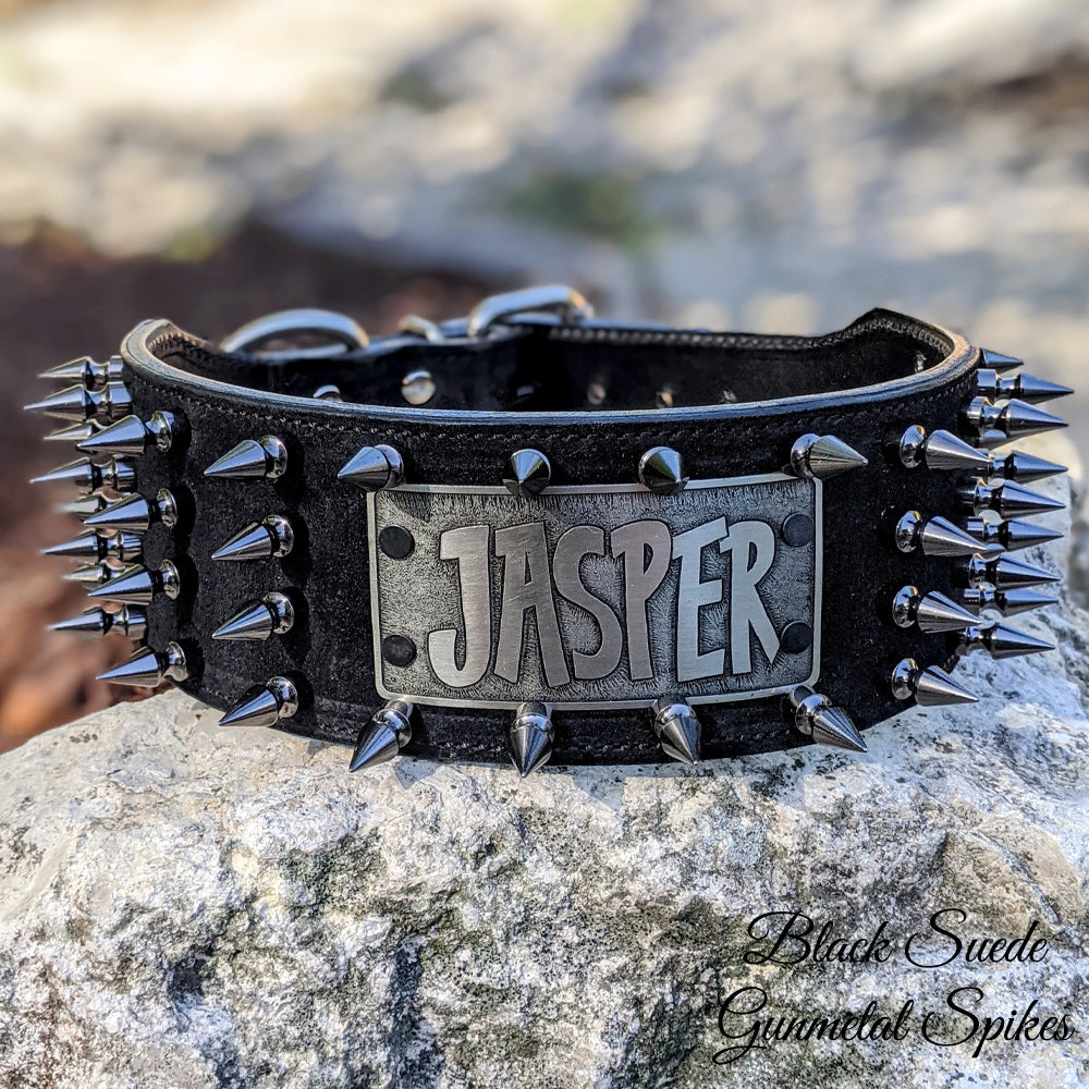 Spiked Leather Dog Collar Personalized Name Plate 1.5 Wide - N16 - Pit  Bull Gear