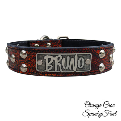 Leather Dog Collar, Personalized Name Dome Studded 1.5" Wide - N13