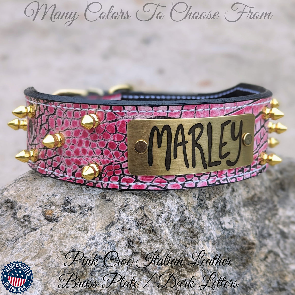 N6 - 2" Wide Personalized Tapered Leather Dog Collar with Spikes