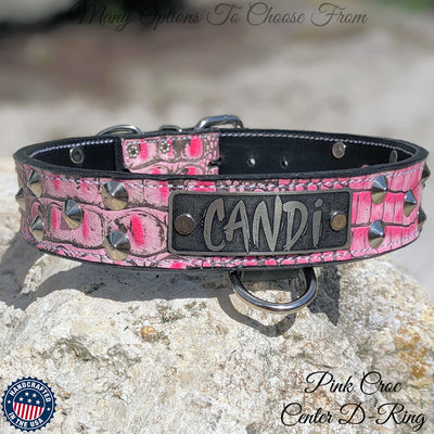Leather Dog Collar Personalized name Plate Cone Studded Collar 1.5' Wide - VN1