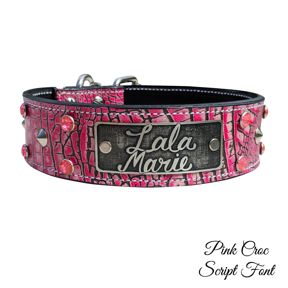 WN3 - 2" Leather Dog Collar with Name Plate, Studs & Gems
