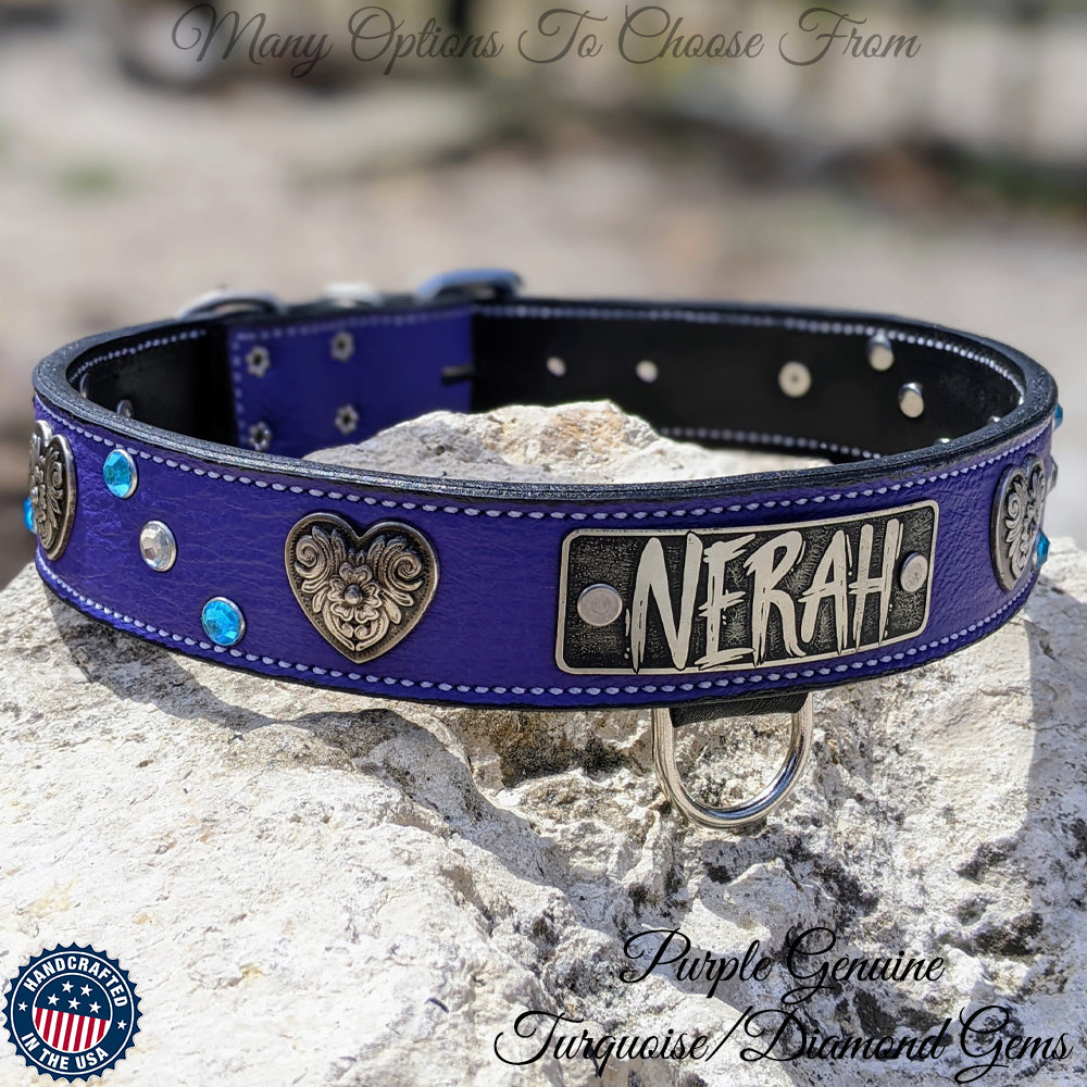 VN2 - 1.5" Wide Leather Dog Collar with Name Plate, Gems & Hearts