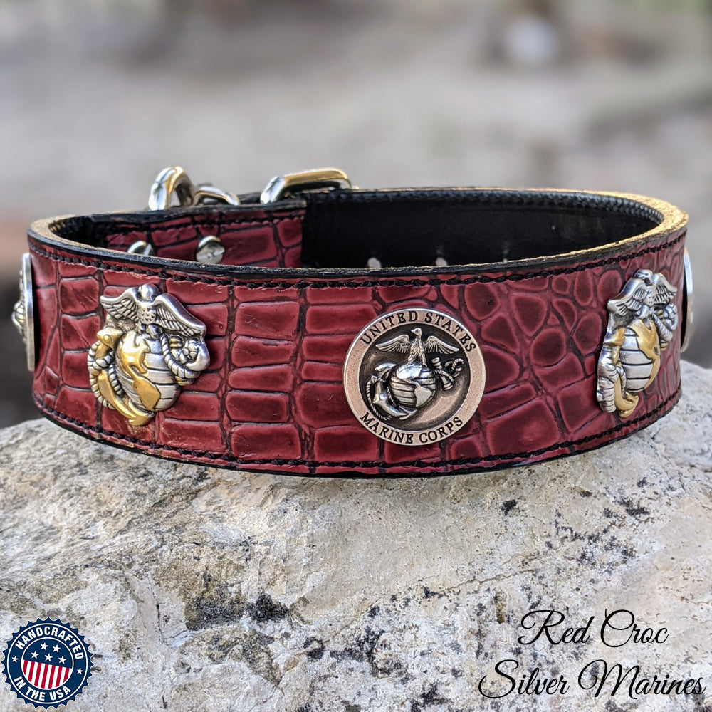 W76 - 2" Wide Marine Corps Theme Leather Dog Collar