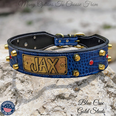 TW1 - 2" Personalized Name Plate Tapered Leather Dog Collar with Studs & Gems