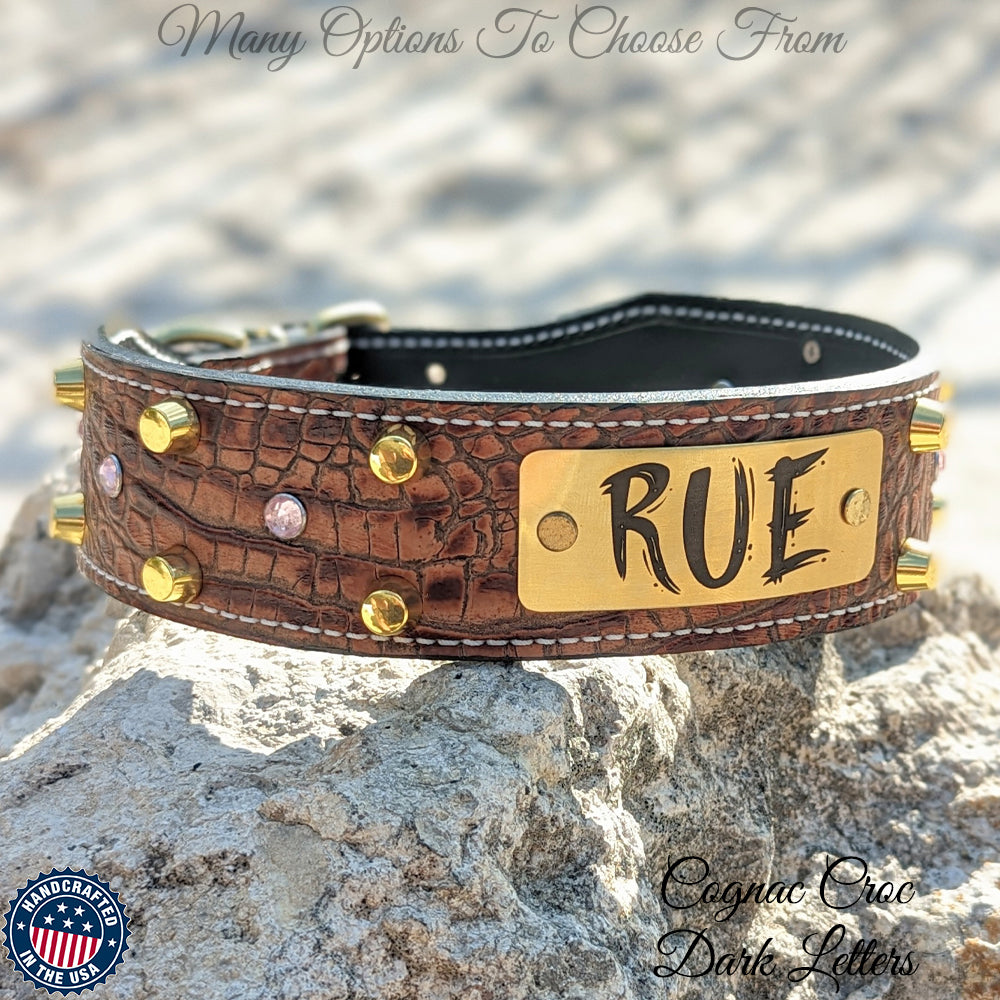 TW1 - 2" Personalized Name Plate Tapered Leather Dog Collar with Studs & Gems