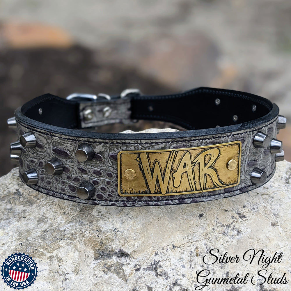 Leather Tapered Dog Collar Name Plate with Studs 2 Wide - N5