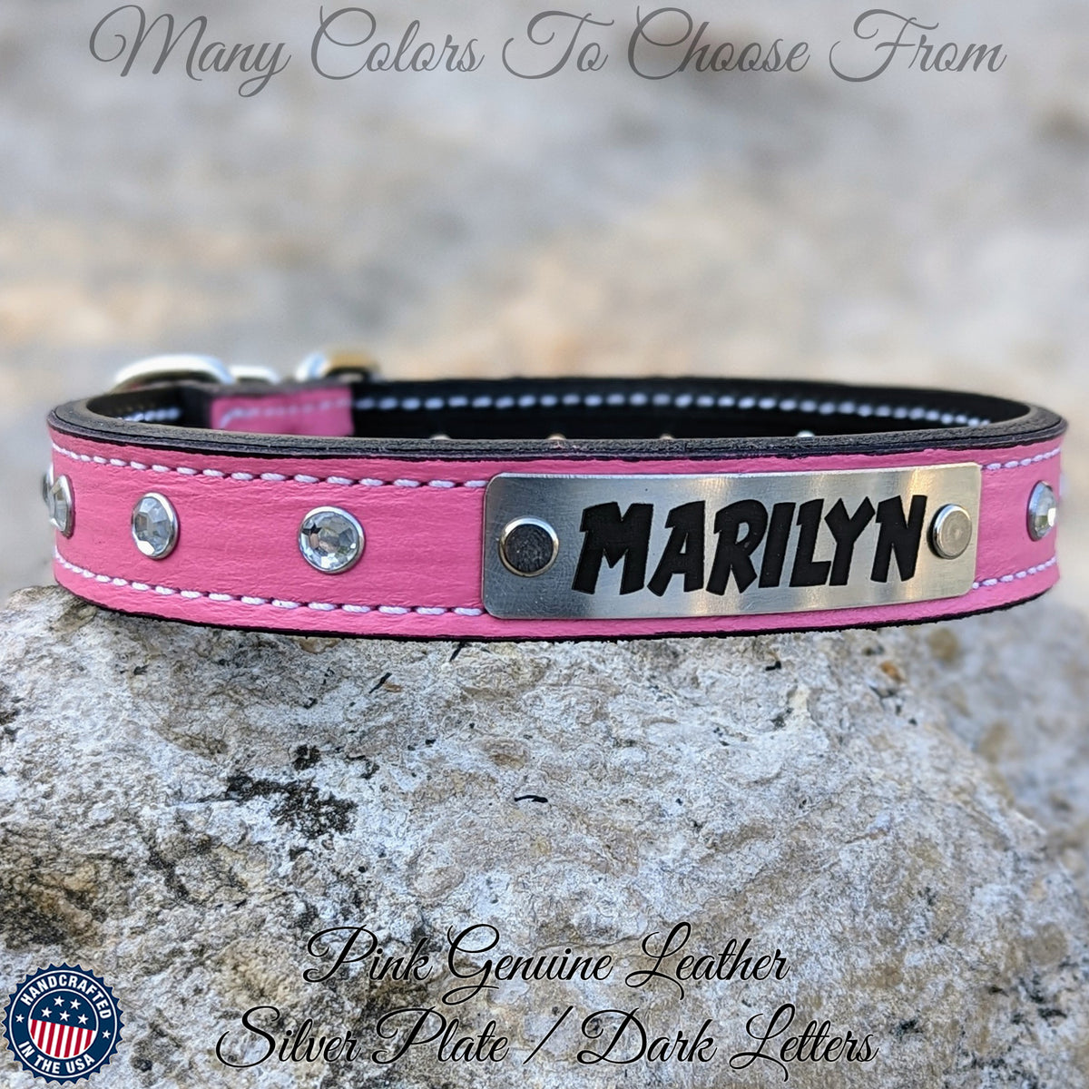 U13 - 1" Wide Personalized Leather Dog Collar with Gems