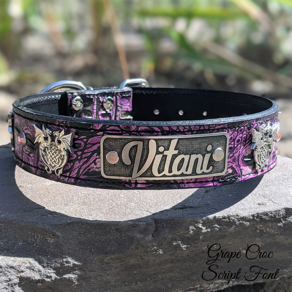 V30 - 1.5" Wide Name Plate Dragons & Gems Leather Dog Collar