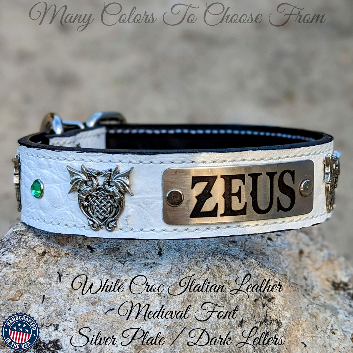 V30 - 1.5" Wide Name Plate Dragons & Gems Leather Dog Collar