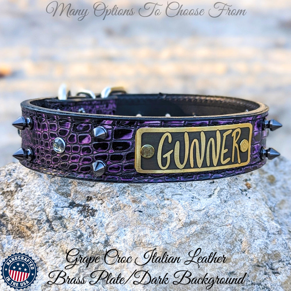 V3 - Collar de cuero personalizado con púas y gemas de 1 1/2"