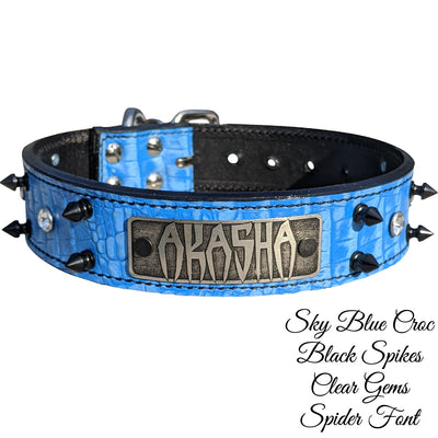 V3 - 1 1/2" Personalized Spikes & Gems Leather Collar
