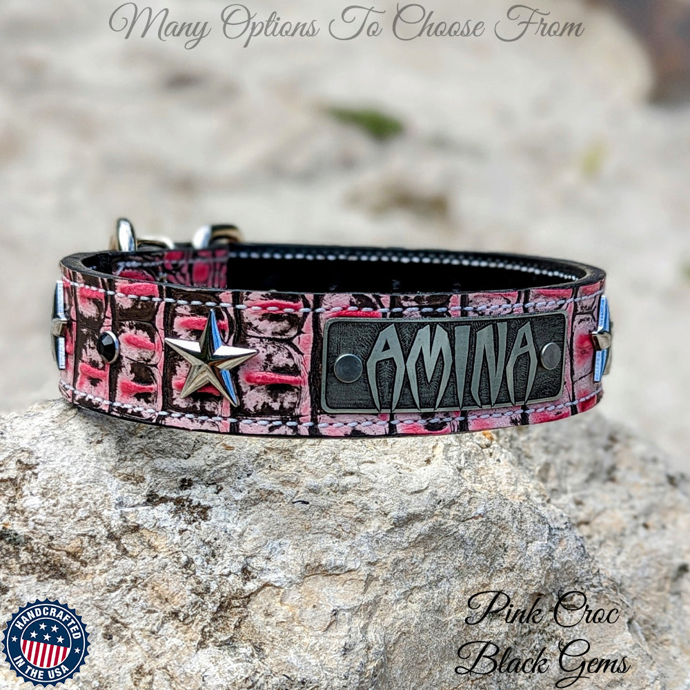 V42 - Collar de cuero para perro personalizado con estrellas de 1,5" de ancho y gemas