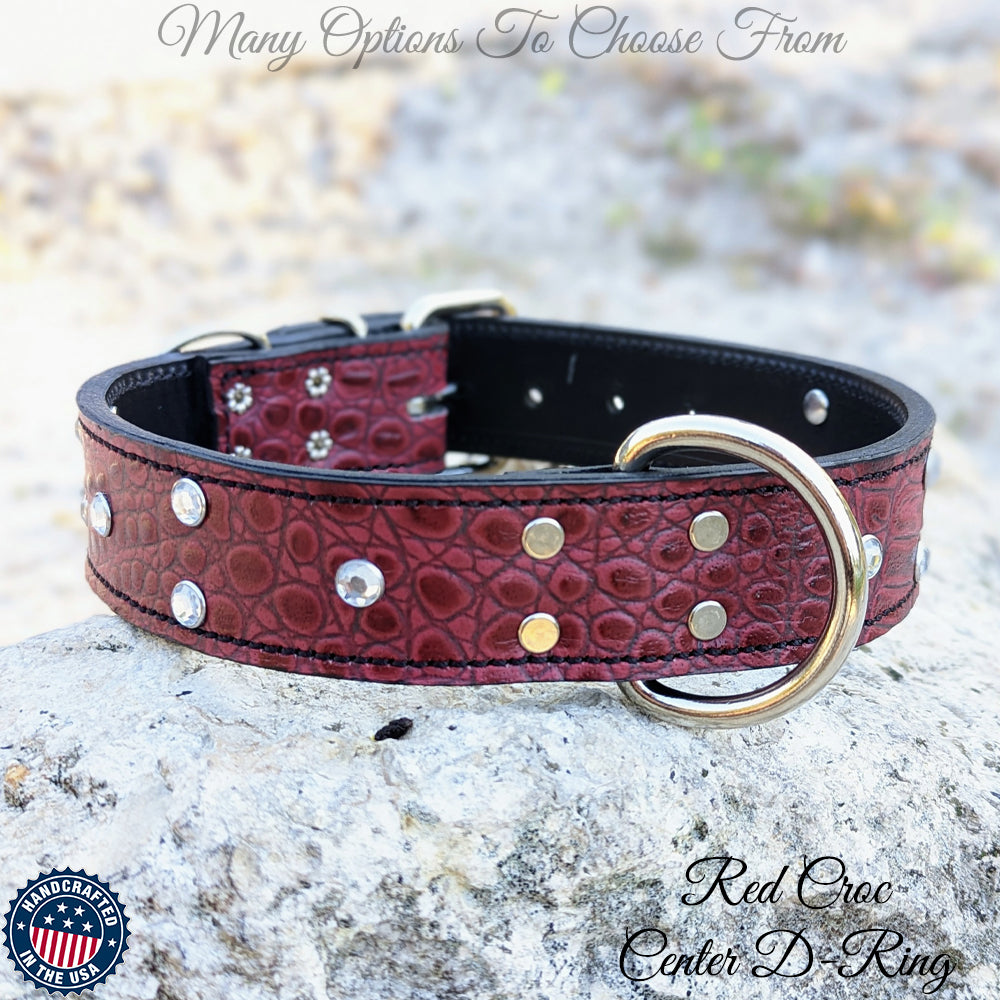 V44 - Collar de cuero para perros de 1,5" de ancho con gemas