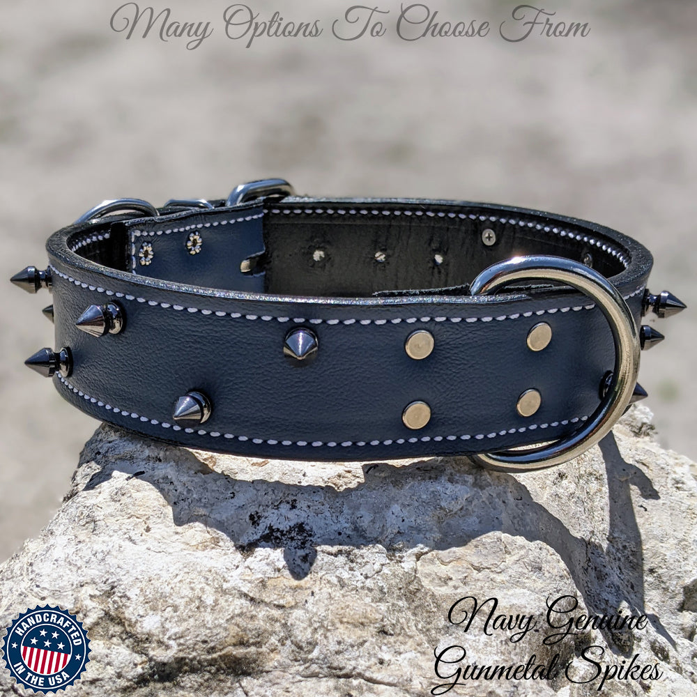 V5 - Custom 1.5" Wide Italian Leather Dog Collar with 1/2" Tree Spikes